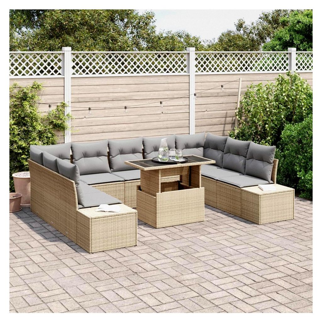 Garten-Sofa-Set mit 10 Teilen und Kissen in Beige aus Poly Rattan für den Außenbereich