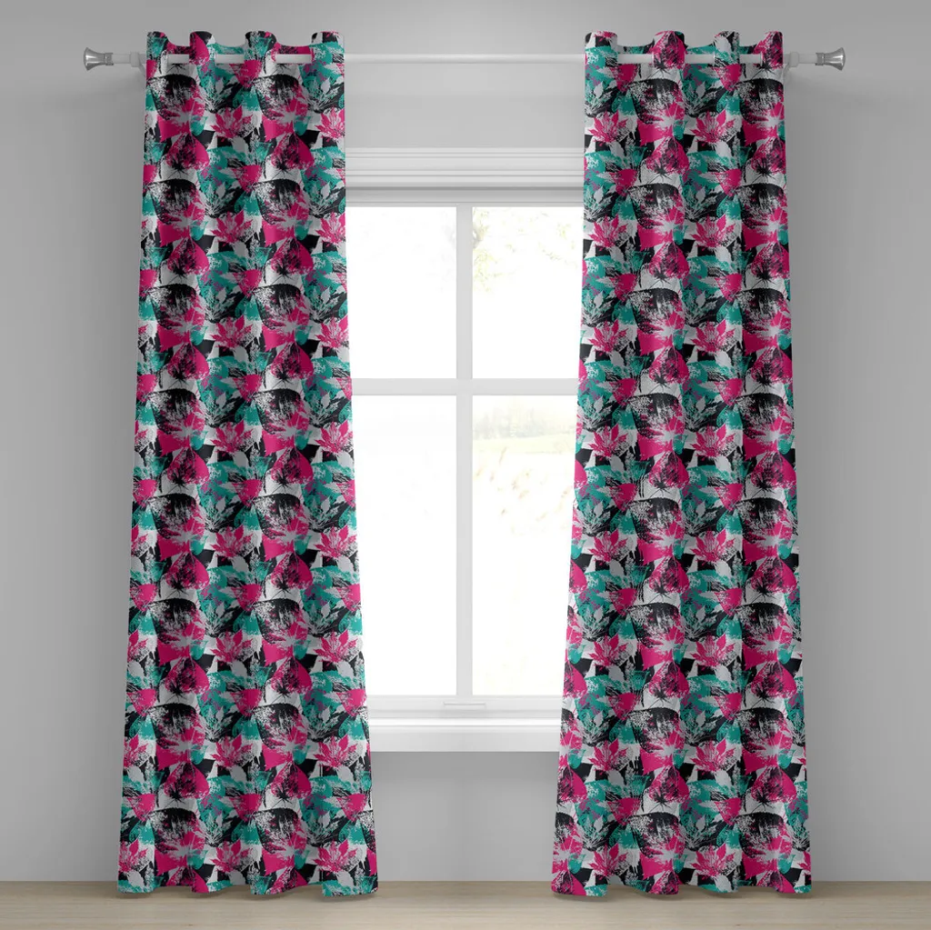 Rideau feuilles abstraites 280 cm x 175 cm rose et noir en 2 pièces
