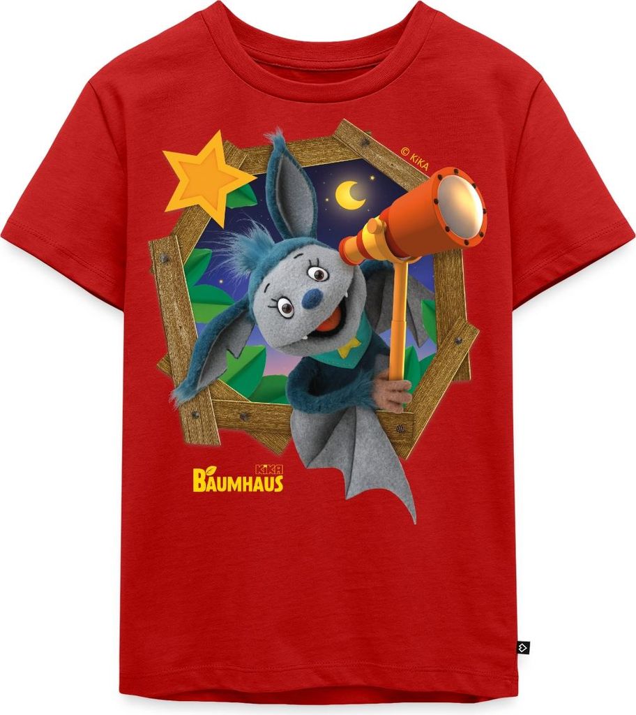 Spreadshirt KiKA-Baumhaus Mit Fidi Guckt Aus Dem Fenster Kinder Premium T-Shirt, 122/128 (6 Jahre), Rot