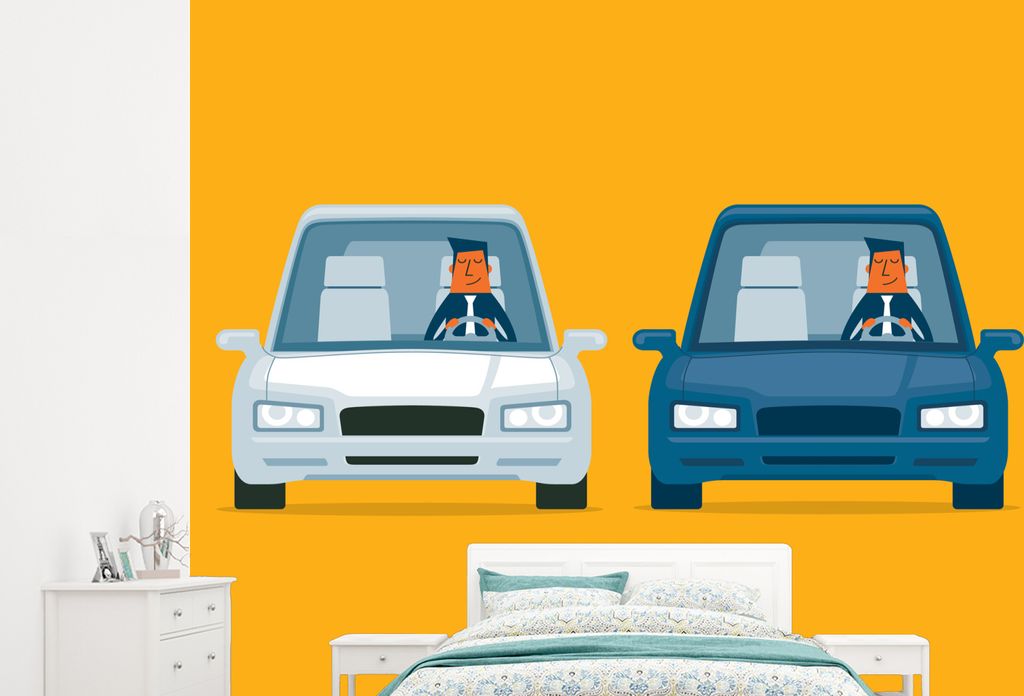 MuchoWow Fototapete für Wohnzimmer oder Schlafzimmer Wandtapete Vinyl Motivtapete Illustration von zwei amerikanischen Autos - 265x240 cm - Zimm...