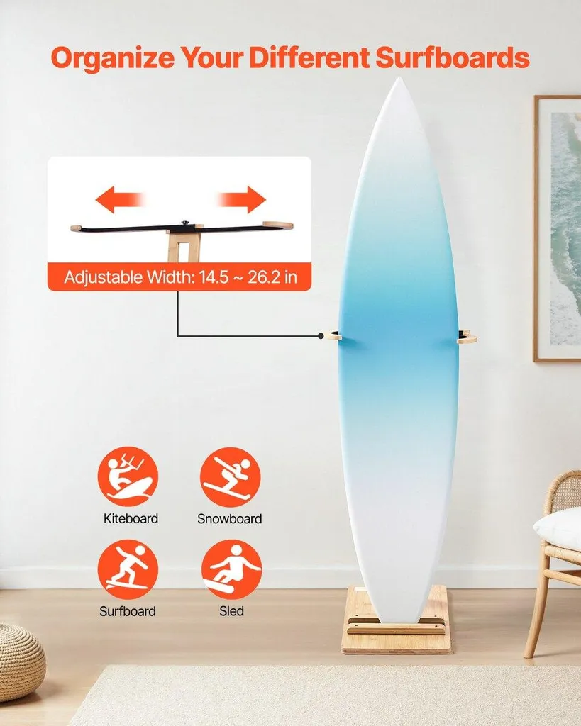 Support Vertical Planches de Surf en Bois - Rack de Rangement Réglable