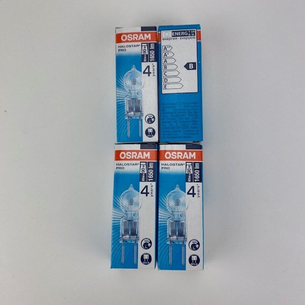Four boxes of Osram Halostar Pro light bulbs are arranged in a two-by-two grid on a white background.