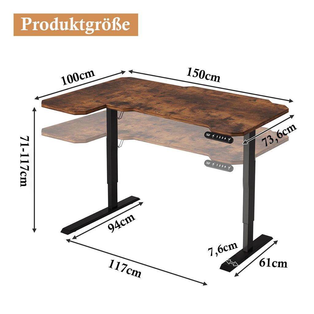Diagram showing the dimensions of an L-shaped standing desk.