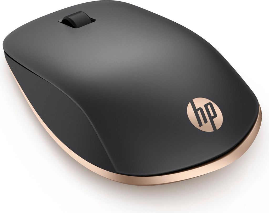 A close-up studio shot of a black and gold wireless HP mouse against a white background.