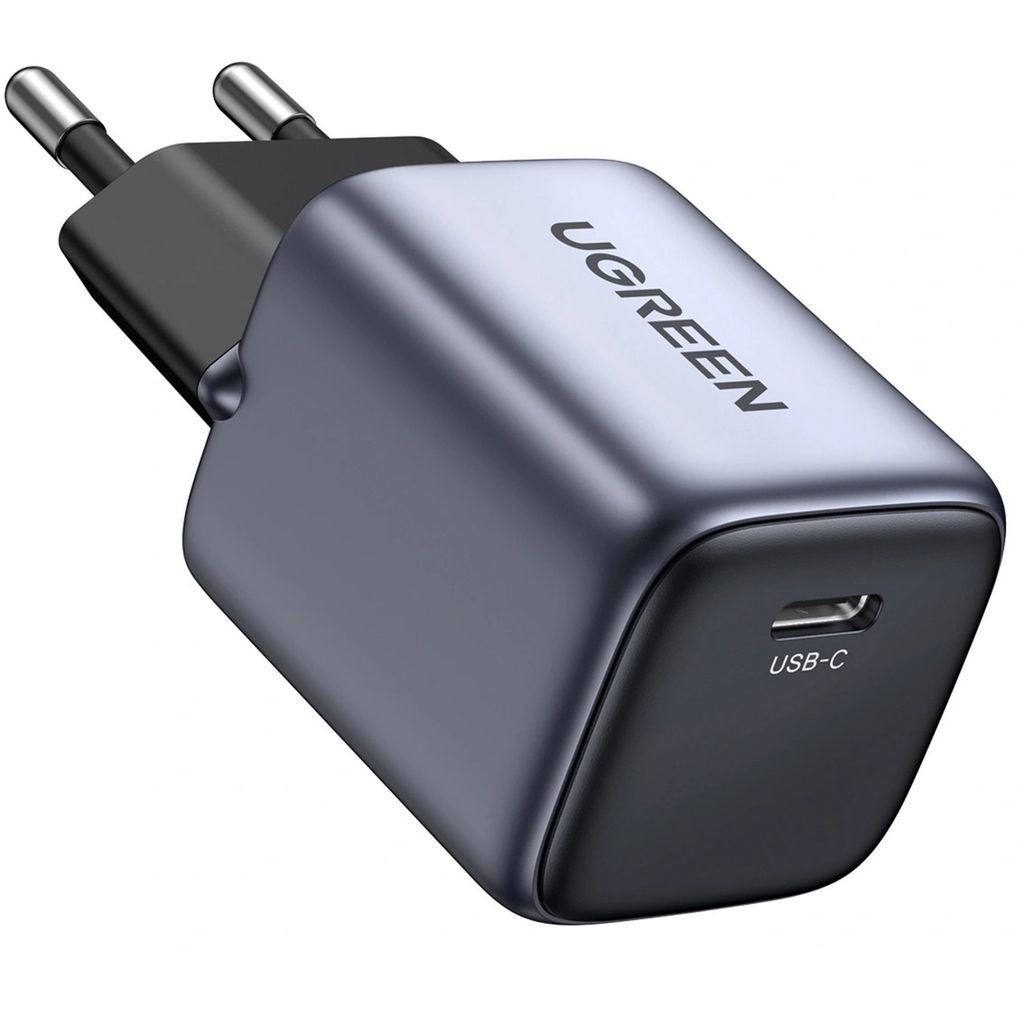 A close-up studio shot of a UGREEN USB-C charger.