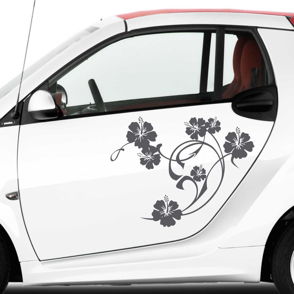Aufkleber - Autoaufkleber-Set Hibiskus Swirl 2 Stk. je 50cm x 40cm dunkelgrau - Tuning Carystyling Heckscheibe Auto