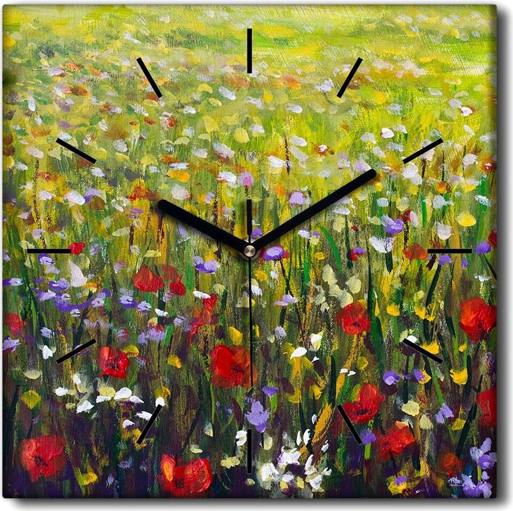 Coloray Uhr auf Leinwand 30x30 cm Wand Uhr Dekoration Wohnzimmer Segeltuch schwarze Hände -Maki Flowers Meadow Field