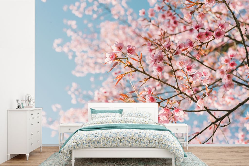 MuchoWow Fototapete für Wohnzimmer oder Schlafzimmer Wandtapete Vinyl Motivtapete Sakura - Frühling - Zweige - 390x260 cm - Papiertapete