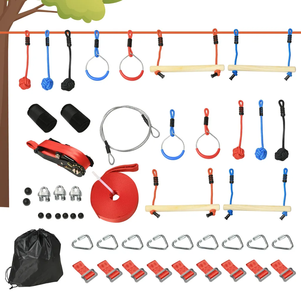 Parcours ninja enfant 10m slackline bleu noir rouge avec 30 accessoires