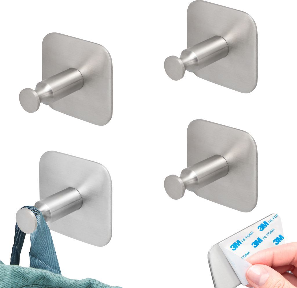 bremermann Bad-Serie PIAZZA TAPE - Handtuchhaken 4er Set ohne Bohren - mit Klebepad, aus Edelstahl matt