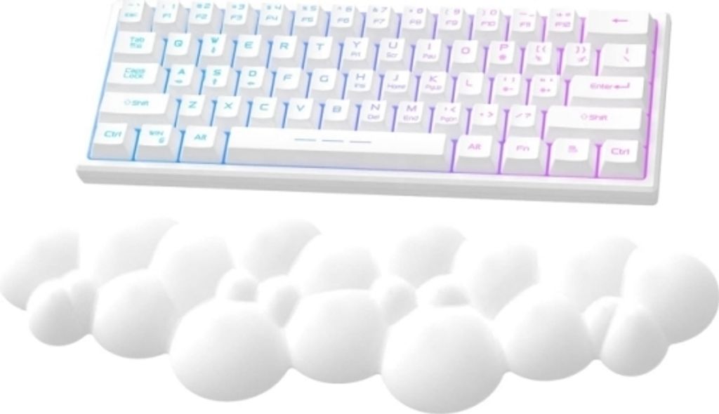 A white keyboard and a white cloud-shaped wrist rest are shown against a white background.