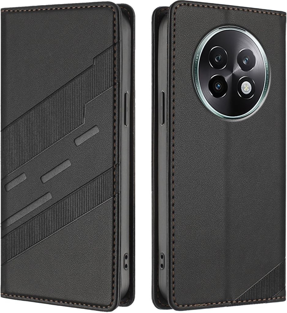 Hülle für Realme 13+, Kunstleder Brieftaschen Handyhülle mit Kartenfach und Standfunktion Schwarz