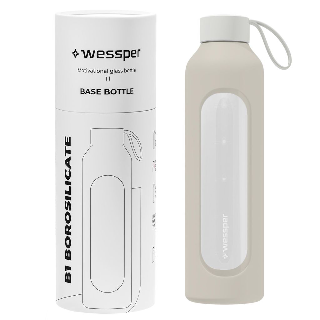 A glass water bottle and its packaging are shown side-by-side against a white background.
