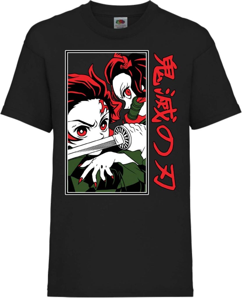 Kinder T-Shirt Demon Anime Slayer Tanjiro Nezuko Fighting Fighting, 12-13 Jahr - 152 / Schwarz
