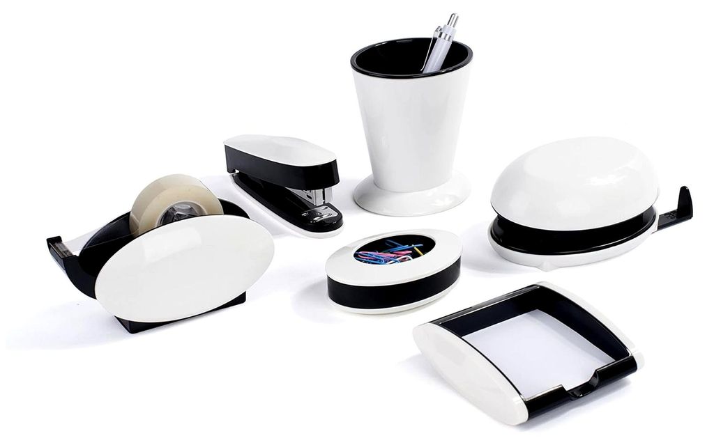 Schreibtisch-Set, 6-teilig - Hochglanz mit Stifteköcher, Klammernspender, Locher, Heftgerät, Zettelbox und Tischabroller, weiß
