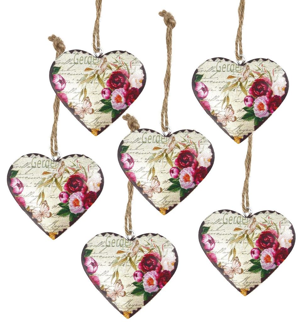 6 Vintage Herzen aus Metall in rosa beige - Shabby Chic Stil - zum Aufhängen