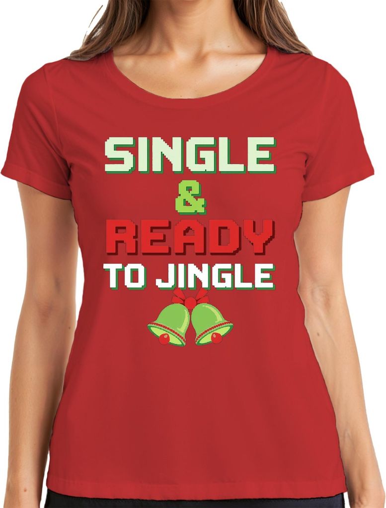 SINGLE & READY TO JINGLE Weihnachten Lustig Retro Pixel Party Damen T-Shirt, Rot, M