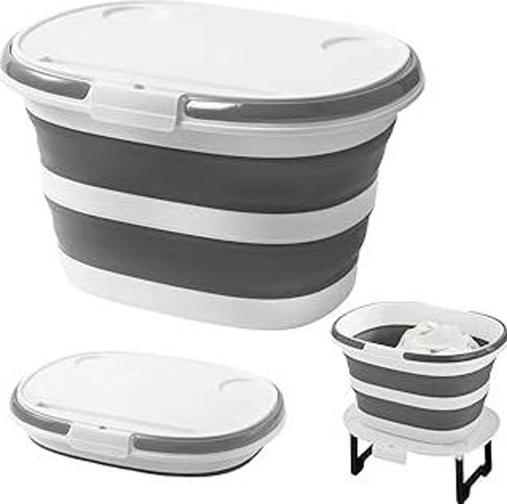 Faltbarer Eimer 16L mit Multifunktionalem Deckel, 4-in-1 Faltbare Silikonwanne mit Tischoberfläche, Bodenständer, Camping Schrank Klappbar Platzs...