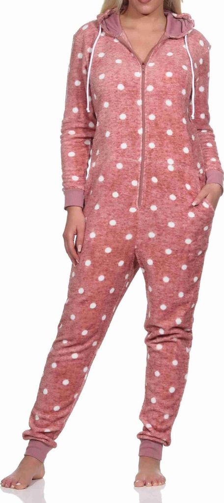 Kuschelig warmer Damen Jumpsuit Schlafanzug Overall aus in Tupfen Punkte Optik ; rosa , 40