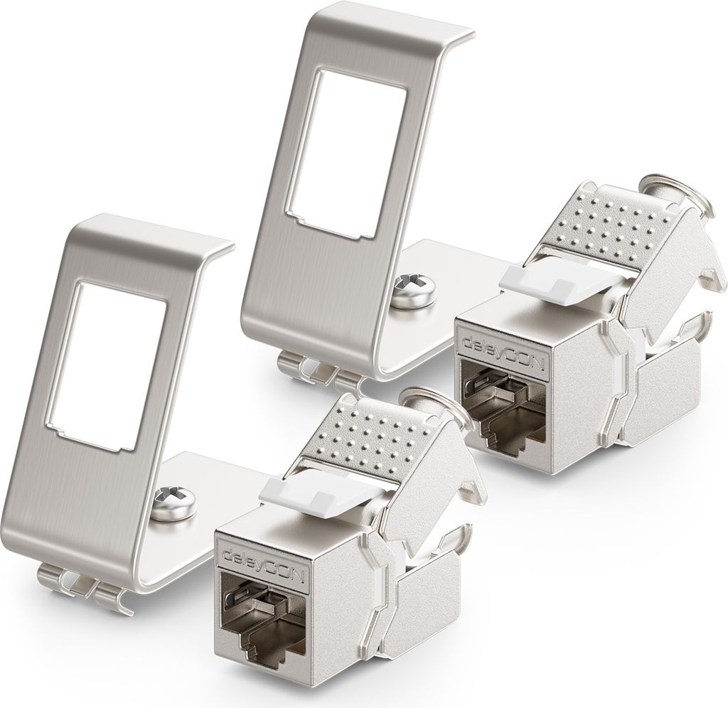 deleyCON 2x CAT6a Keystone Jack Modul mit 2x 1-Port Hutschienenadapter als Set Metall STP Schirmung RJ45 Buchse 10 Gbit/s Netzwerk Snap-In Montage ...