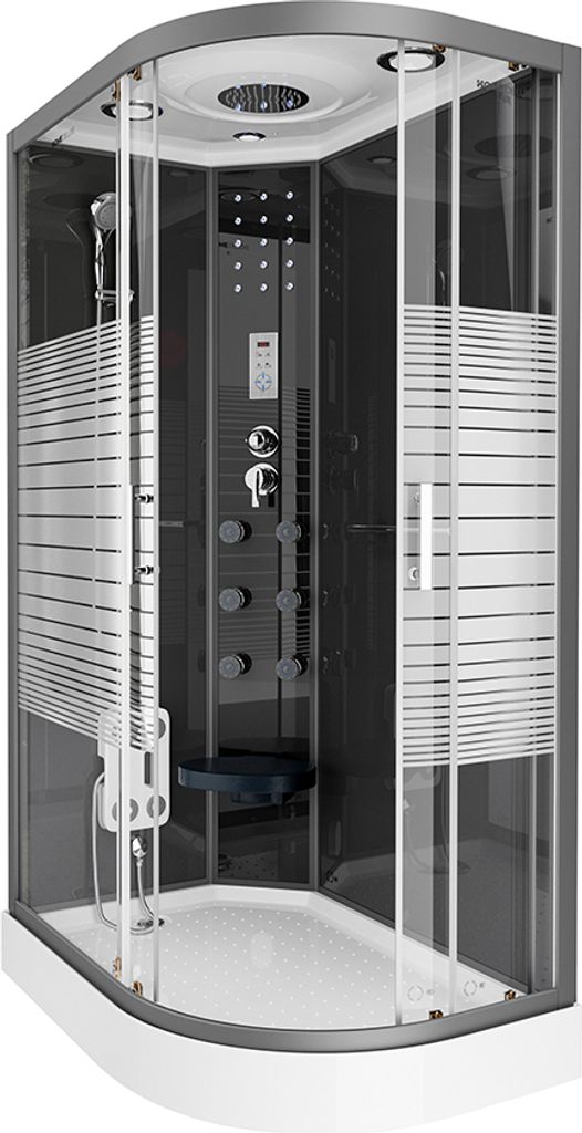 A modern, enclosed shower cabin with multiple features.