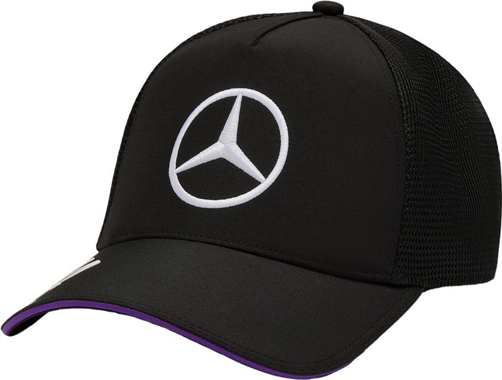 A black Mercedes-Benz cap with the Mercedes-Benz logo prominently displayed.