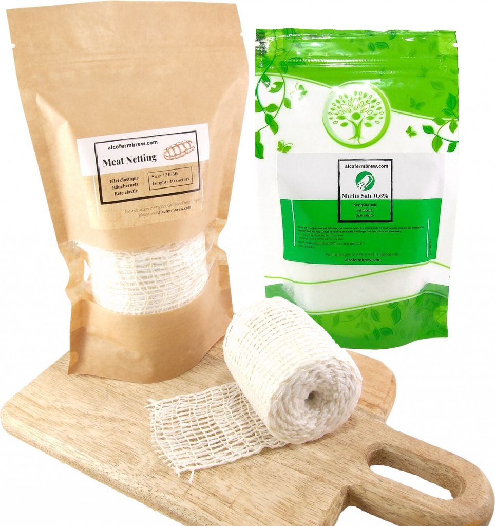 Fleischnetz 150mm / 10mts + Pökelsalz 0.6% 100g - Schinkennetz, Räuchernetz, Nitritsalz