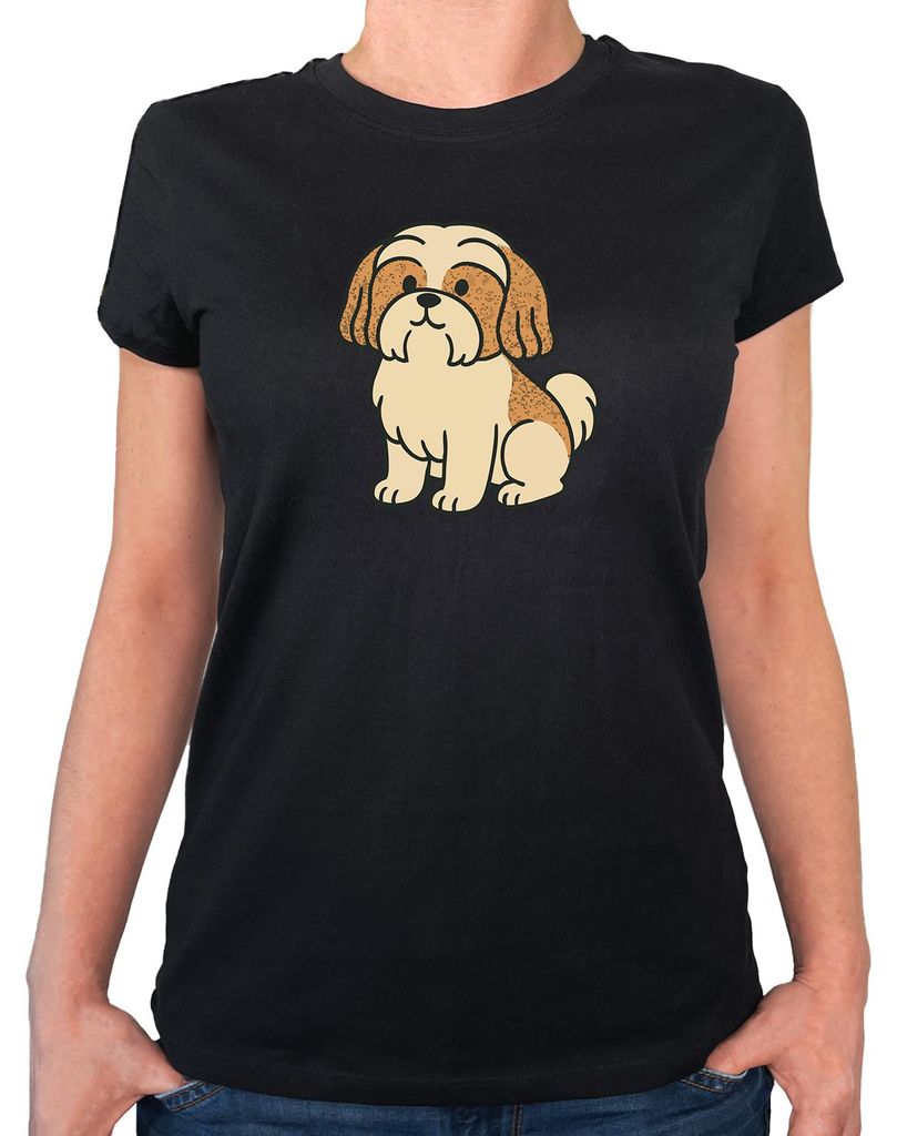 Huuraa Damen T-Shirt Shih Tzu Comic Shishi XL Black Bio Baumwolle Fairtrade Damenshirt Geschenkidee