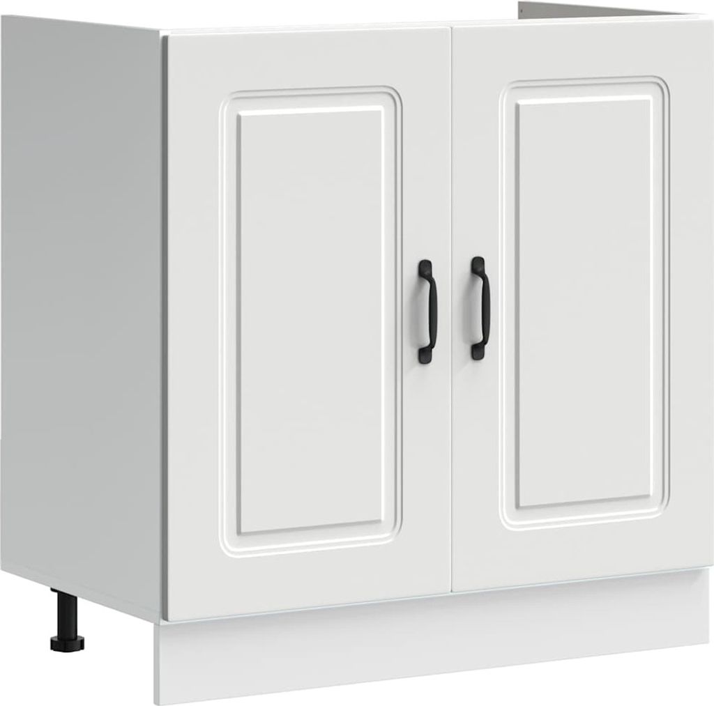 A white kitchen base cabinet with two doors and black handles, shown from a front-side angle on a white background.