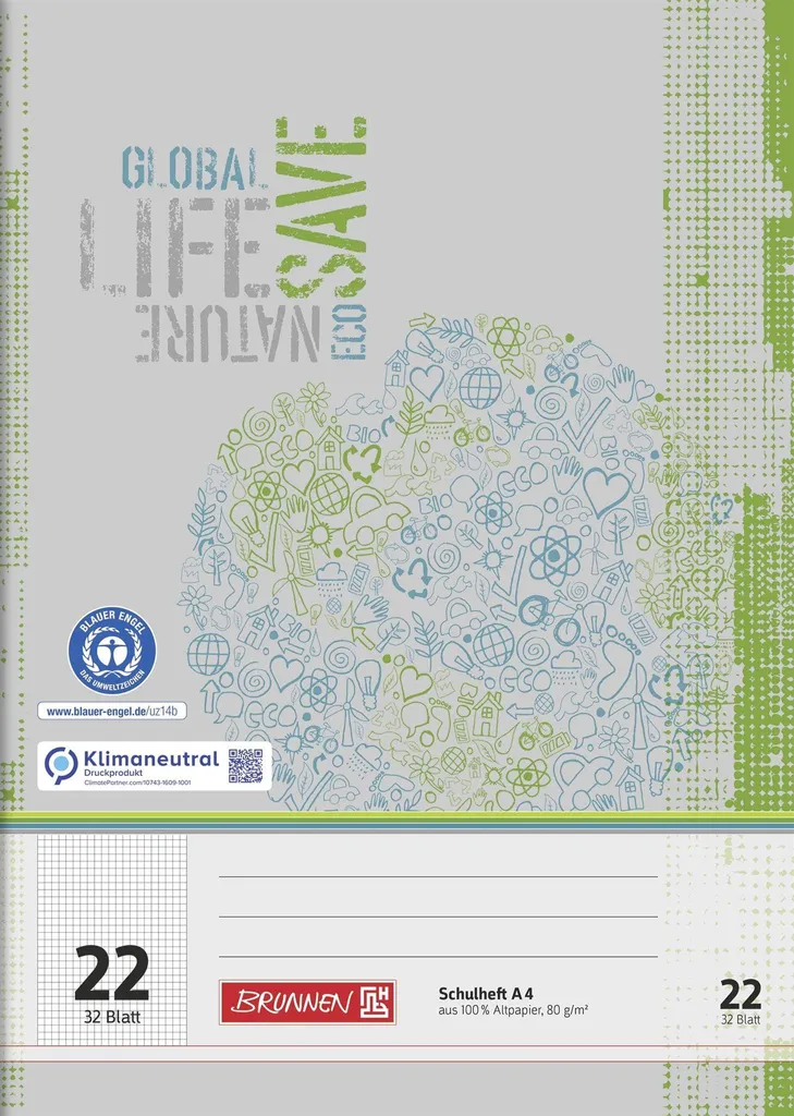 Cahier scolaire A4 pour prise de notes lignée papier recyclé 32 fl