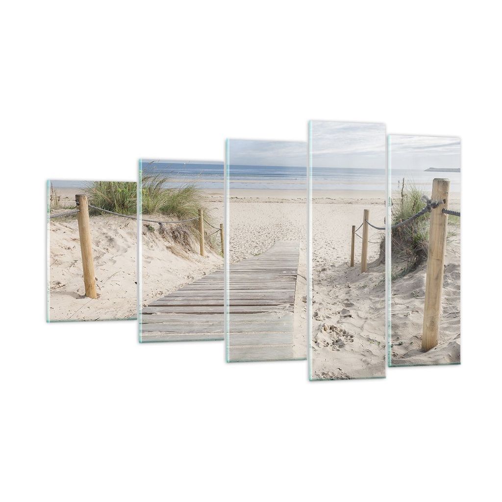 Bilder auf glas - 5 Teile - Strand Düne Eintritt - 100x60cm - Glasbilder - Wandbilder - Bilder - zum Aufhängen bereit - Wanddekoration aus Glas -...