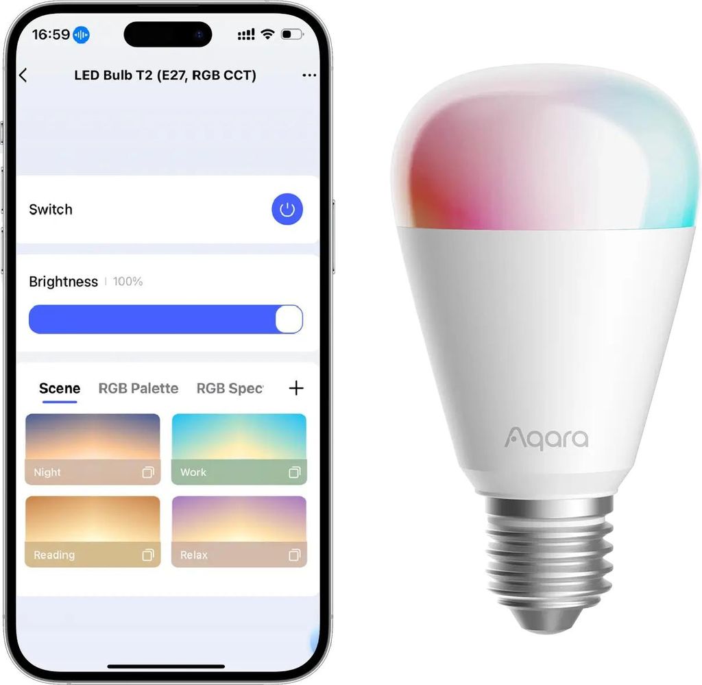 A smartphone screen displaying controls for a smart LED bulb, next to the actual LED bulb.