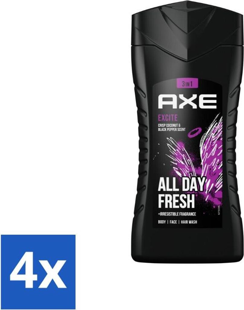AXE - 3-in-1 Duschgel - Excite - Körper, Gesicht & Haare - Verführerischer Duft - 250 ml - Vorteilspack - 4 Stücke