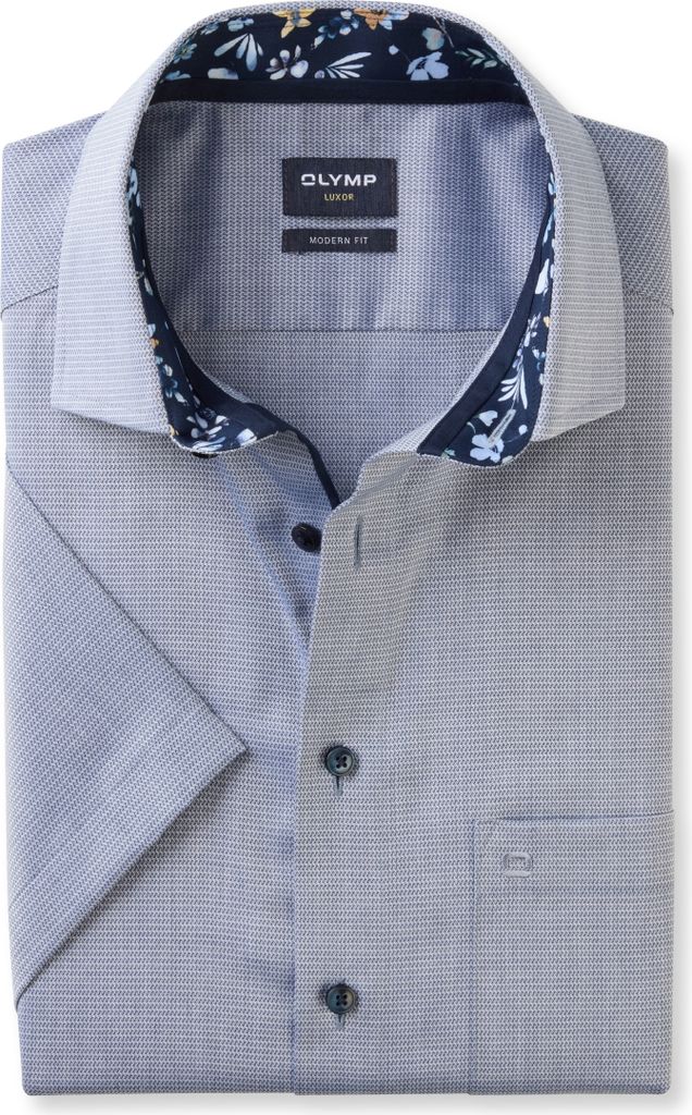 Olymp Modern Fit Hemd bedruckt blau bügelfrei kurzärmlig