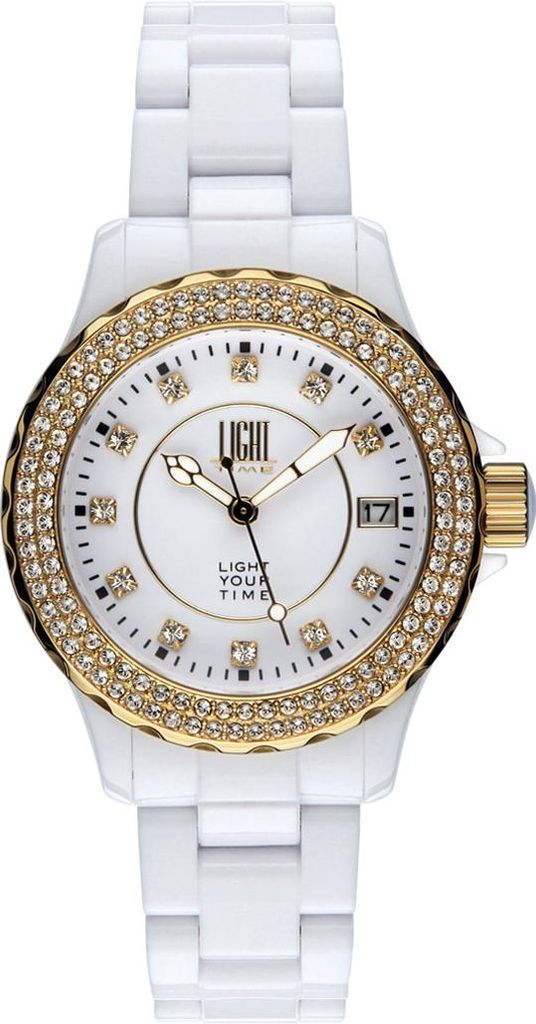 Light Time Armbanduhr Damen Kunststoff Datum Weiß Gold Zirkonia L073B