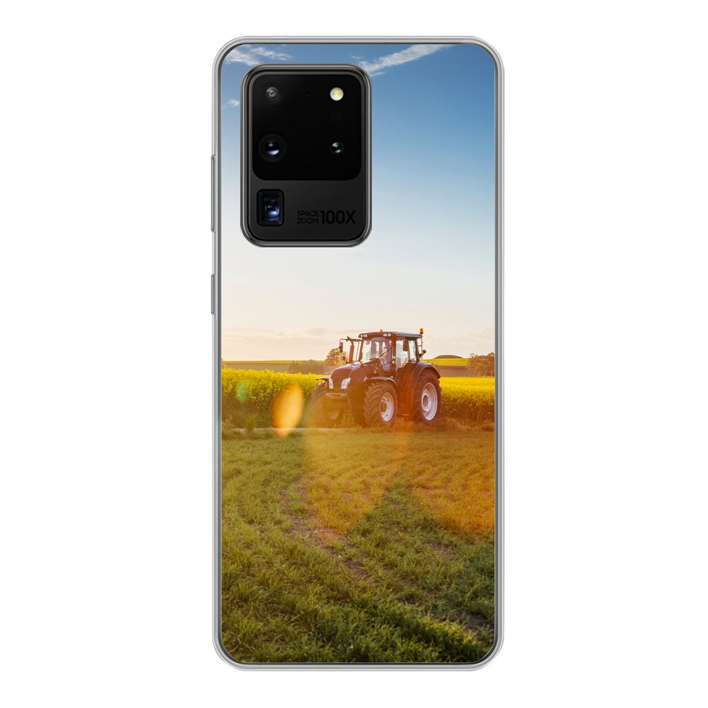MuchoWow Handyhülle Schutzhülle Hülle für Samsung Galaxy S20 Ultra Traktor - Gras - Sonnenuntergang Silikon Softcase Handy Hülle - Karteninh...