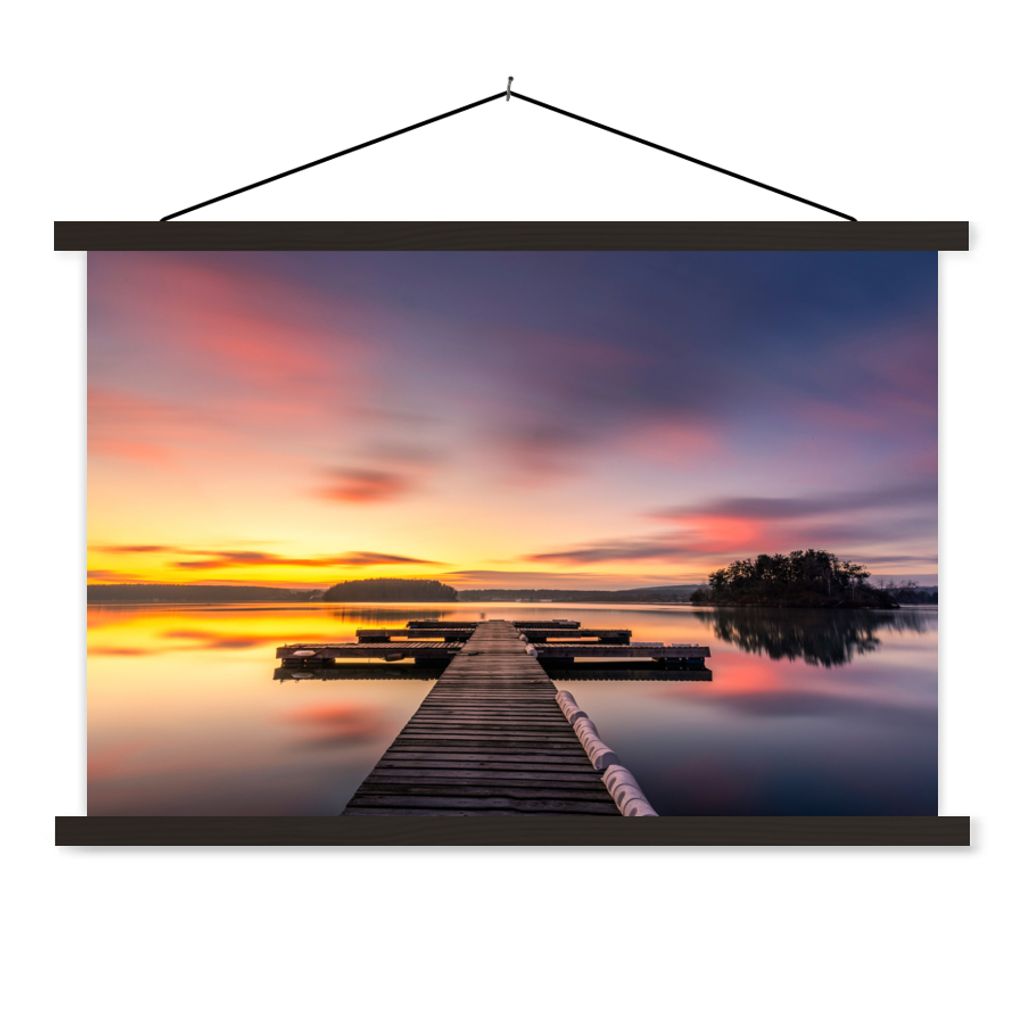 MuchoWow Textilposter Steg - Sonnenuntergang - Wasser - Meer - Spiegelung 120x80 cm mit schwarzem Rahmen - Wanddeko