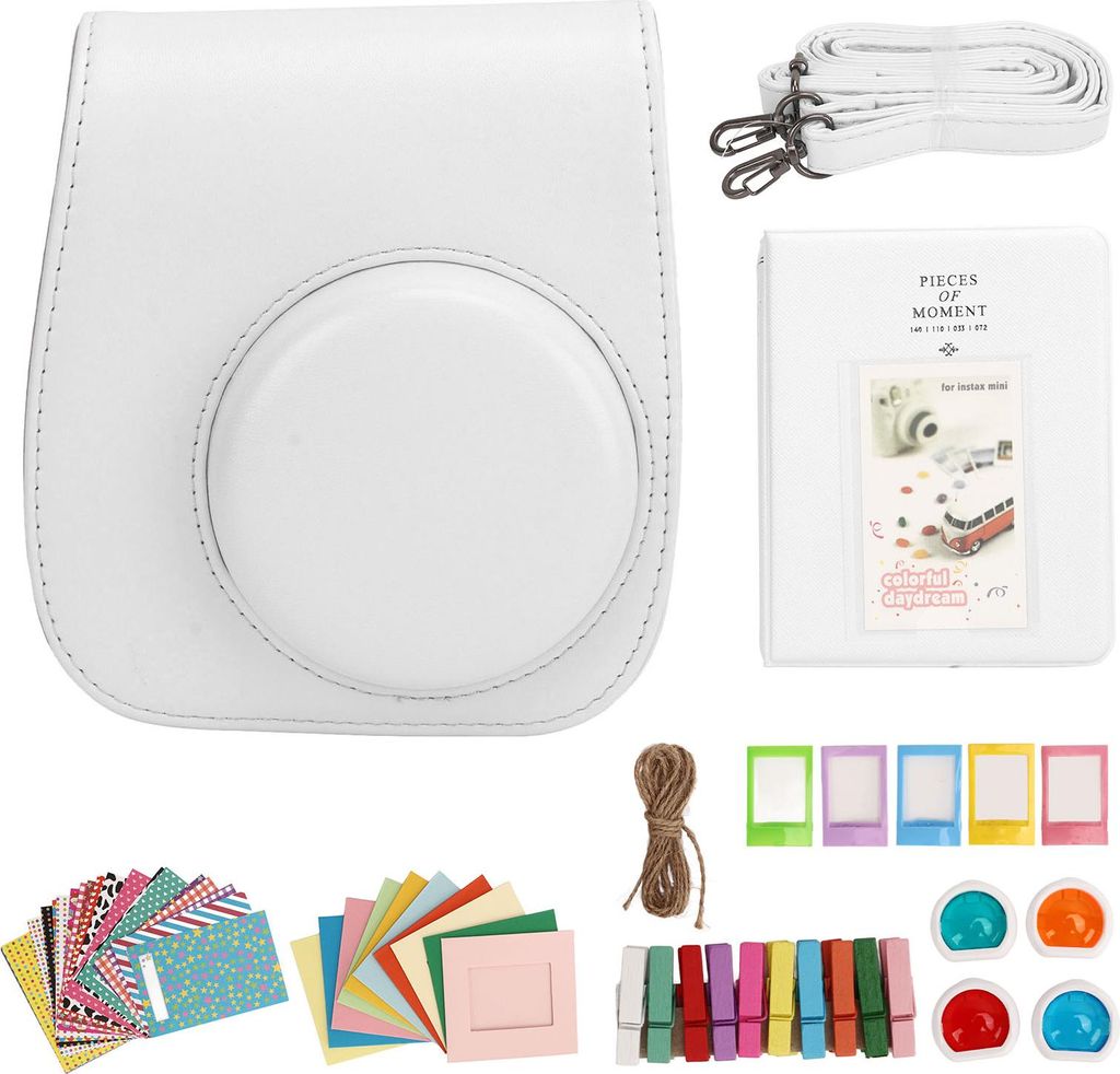 Mini Instant Camera Schutztasche Polyurethan-Hülle für Fujifilm Instax 12 mit Albumfiltern farbenfrohe Hangrahmen Aufkleber weiß