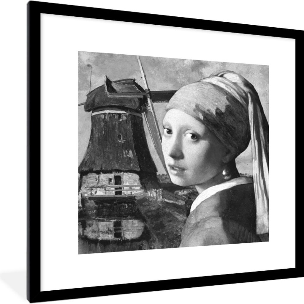 MuchoWow Gerahmtes Poster Das Mädchen mit dem Perlenohrring - Johannes Vermeer - Schwarz und weiß 40x40 cm - Poster mit Schwarzem Bilderrahmen ...