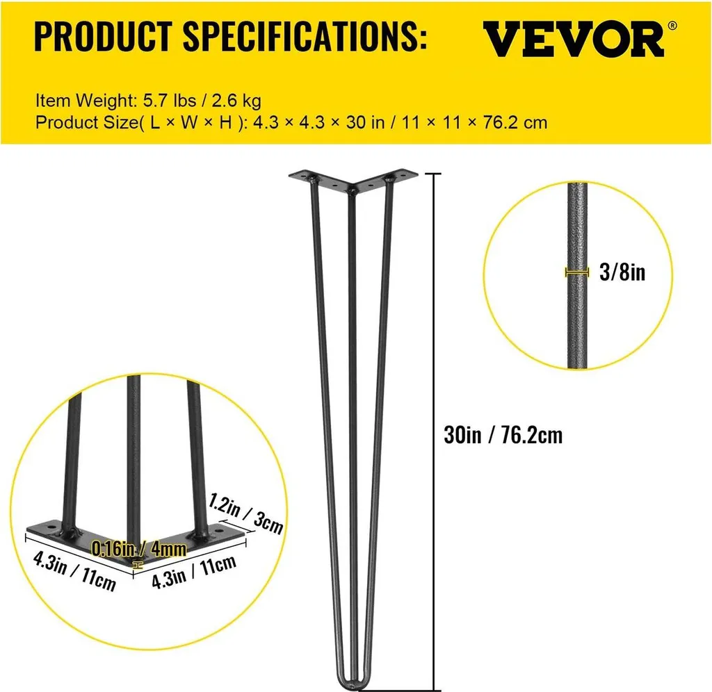 Gambe per tavolo a forcina 30 pollici nere Set di 4 gambe per scrivania Capacità 220 libbre ciascuna Gambe per scrivania a forcina 3 aste per panca, scrivania, tavolino da pranzo, sedie Gambe per tavolo fai da te Acciaio al carbonio Gambe per mobili resistenti - 7