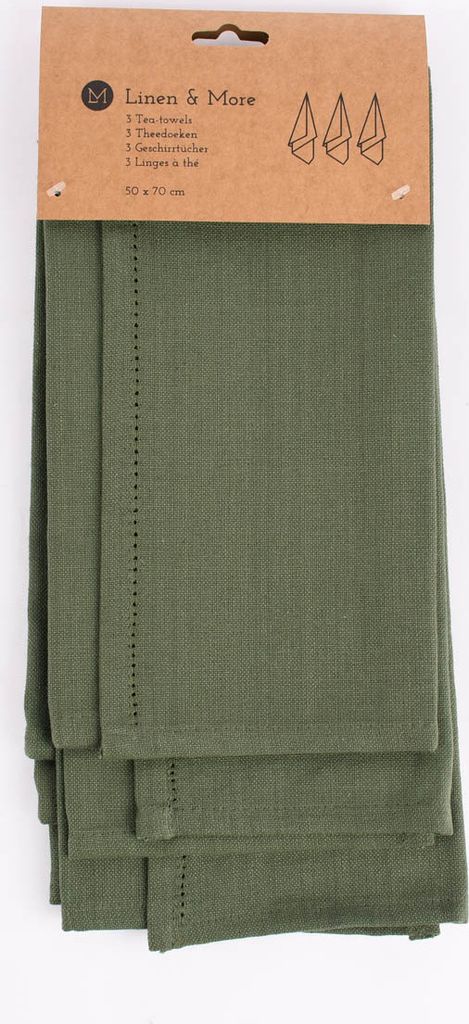 Linen & More 3er Set Geschirrtücher Indi einfarbig army grün 50x70cm