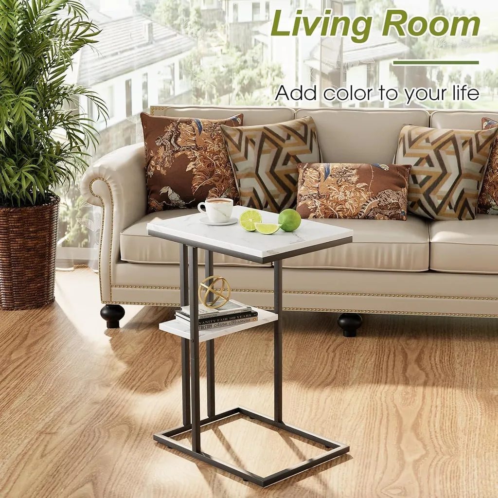 Table de lit forme C effet marbre blanc pour ordinateur et lecture - 5
