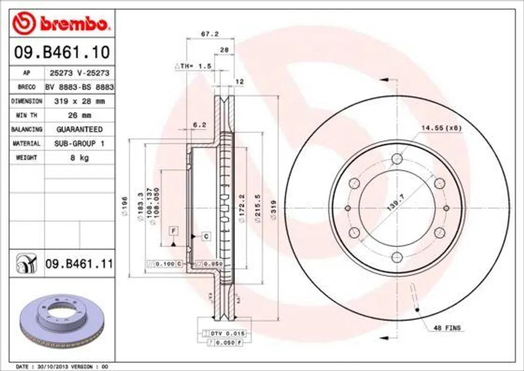 Brembo 09.B461.11 Disque de Frein Haute Performance OE 4351204050 Robuste