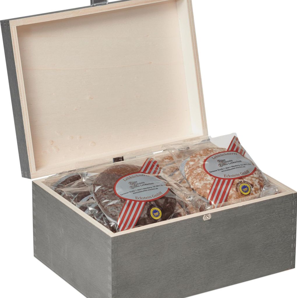 Nürnberger Elisen-Lebkuchen - 20 Stück gemischt in schwarzer Holztruhe - 1500g - Echte Eckstein Elisenlebkuchen