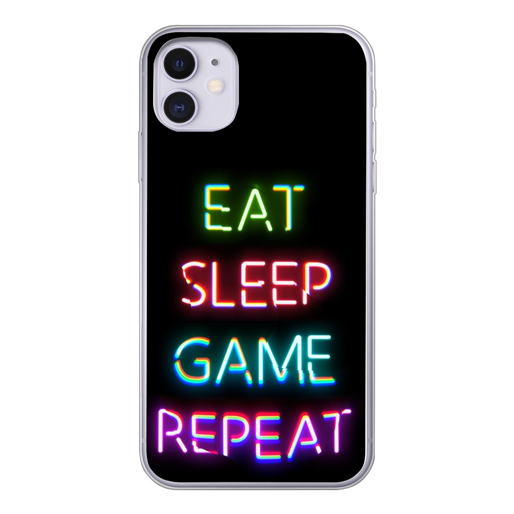 MuchoWow Handyhülle Schutzhülle Hülle für iPhone 11 Gaming - Led - Zitat - Eat sleep game repeat - Gaming Silikon Softcase Handy Hülle - Han...