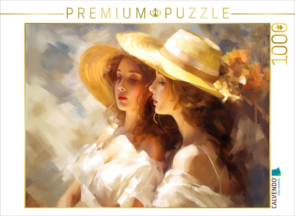 CALVENDO Puzzle Zwei gute Freundinnen mit Strohhüten | 1000 Teile Lege-Größe 64x48cm Foto-Puzzle für glückliche Stunden