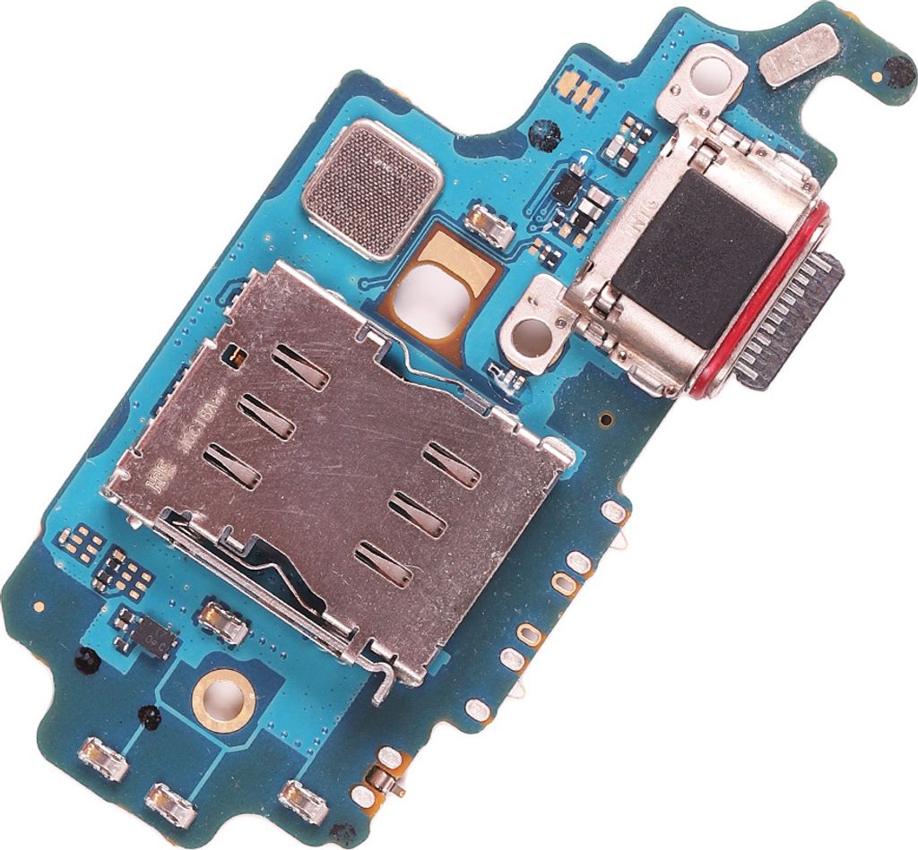 A close-up view of a smartphone's charging port and SIM card tray assembly on a blue circuit board, isolated on a white background.