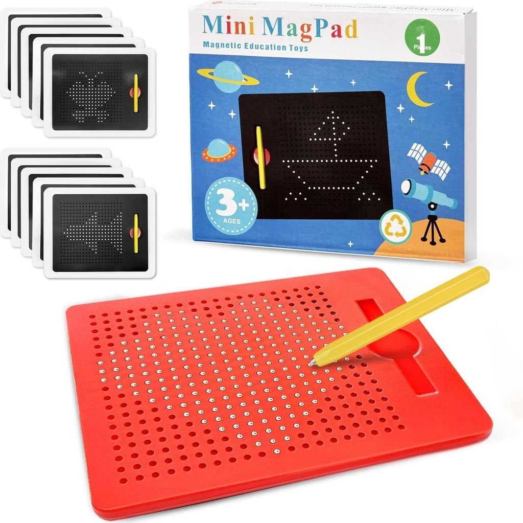 A product shot of a magnetic drawing board and its packaging, along with several smaller magnetic drawing boards.
