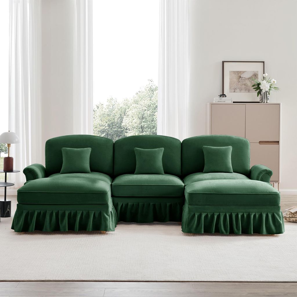 Klassisches modulares U-förmiges Sofa aus Chenille mit Trichter-Armlehnen, abnehmbarer Rüschenschürze, spindelförmigen Beinen & beweglichem Hoc...