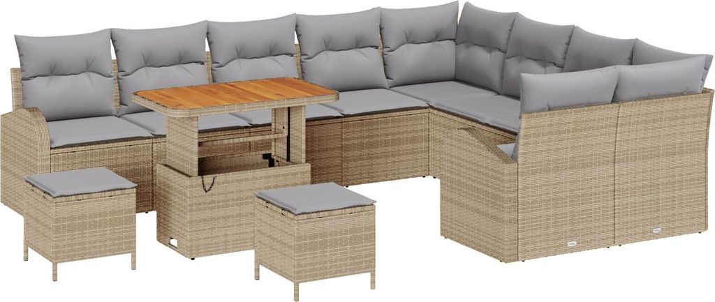 Möbel 12-teiliges Garten Sofa Set mit Kissen Beige Poly Rattan Akazie, 2-Sitzer Garten Sofa mit Stauraum & Kissen Beige Poly Rattan, 3-teiliges Ga...